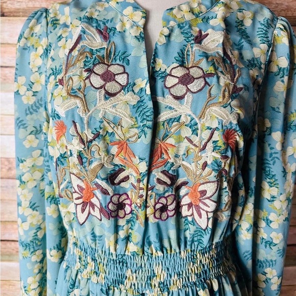 Teal Floral V-Neck Maxi Dress with Embroidered Bodice - Picture 6 of 9